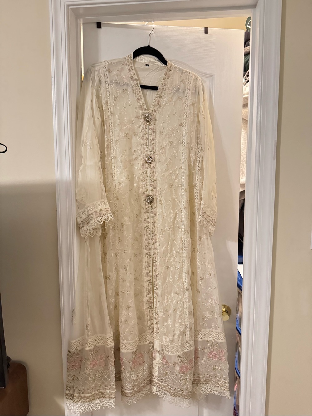 Embroidered Ivory Long Tunic Dress with Decorative Buttons